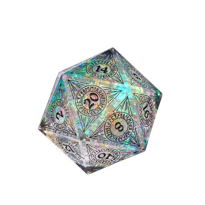 Cusdie Single D20 DND Dice with Sharp Edges and Glitter Foil Inclusions, 33mm Handcrafted 20 Sided D&D Dice, for Role Playing Game(Transparent w/Black Pattern) - color: Transparent W/Black Pattern