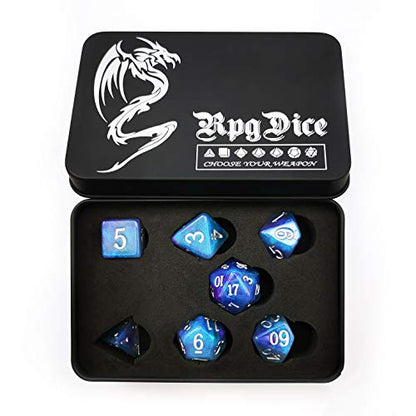 Bescon Magical Stone Dice Set Series, 7pcs Polyhedral RPG Dice Set Dragon Eyes, Black Tinbox Packing - color: Dragon Eyes in Tinbox