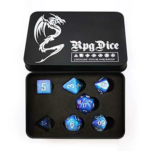 Bescon Magical Stone Dice Set Series, 7pcs Polyhedral RPG Dice Set Dragon Eyes, Black Tinbox Packing - color: Dragon Eyes in Tinbox