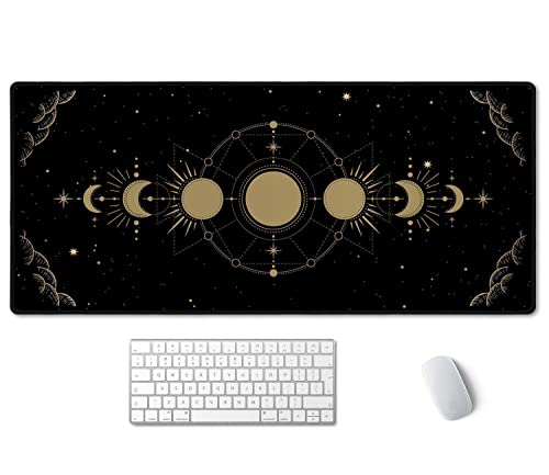 SSOIU Moon Phase Desk Mat, XXL Gold Moon Cycle Lunar Chart, Stars Horoscope Zodiac Extended Gaming Mouse Pad (35.5x15.7 in), Large Rubber Base - color: Moon Phase