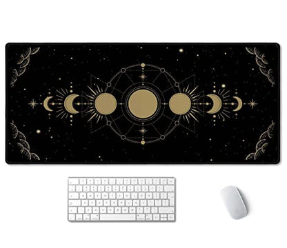 SSOIU Moon Phase Desk Mat, XXL Gold Moon Cycle Lunar Chart, Stars Horoscope Zodiac Extended Gaming Mouse Pad (35.5x15.7 in), Large Rubber Base - color: Moon Phase