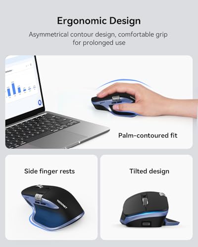 TECKNET Wireless Mouse, Bluetooth Mouse (BT5.3/5.0 & 2.4G) Rechargeable Ergonomic Optical Mouse with 6 Adjustable DPI, Side Scroll, Quiet Clicks, USB A Receiver, 7 Buttons, Wide Compatibility - color: Black & Blue