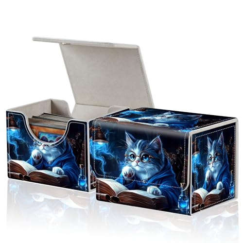 for MTG Commander Deck Box,Card Deck Box for Trading Yugioh MTG,Fits 100 Double Sleeved Cards,PU Leather Strong Magnet Case for Magic Commander TCG CCG,Blue Glitter Cat - color: Blue Glitter Cat