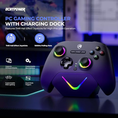 ECHTPower Upgrated PC Gaming Controller TMR Hall Effect Joysticks Anti-Drift & Dual Triggers, 1000Hz Polling Rate, Turbo & Vibration, Programmable Buttons for PC/Switch/Switch 2/iOS/Android with Charging Dock - color: Black Purple