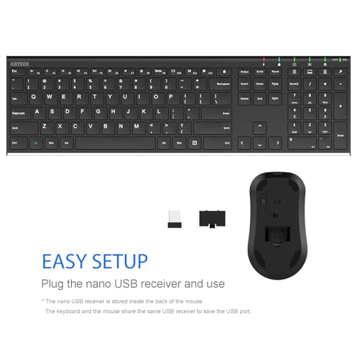 Arteck 2.4G Wireless Keyboard and Mouse Combo Stainless Steel Ultra Slim Full Size Keyboard and Ergonomic Mice for Computer Desktop PC Laptop and Windows 10/8/7 Build in Rechargeable Battery