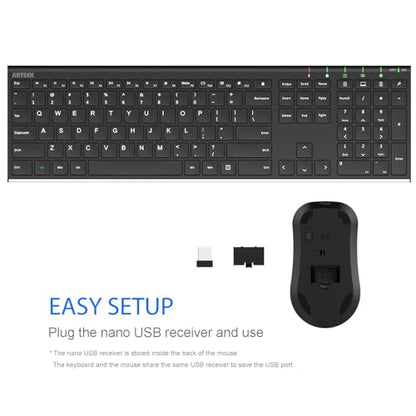Arteck 2.4G Wireless Keyboard and Mouse Combo Stainless Steel Ultra Slim Full Size Keyboard and Ergonomic Mice for Computer Desktop PC Laptop and Windows 10/8/7 Build in Rechargeable Battery