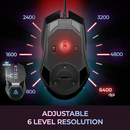 Adesso iMouse X5 USB RGB Illuminated Gaming Mouse, 7 Buttons | Adjustable Weight, 6 Level DPI Switch up to 6400, Ergonomic Design for Right-Handed Gamers, Multi-Color LED Backlight