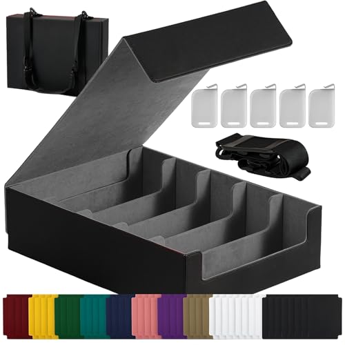Premium 5-Row Trading Card Storage Box, Holds 3800+ Unsleeved Cards, PU Leather TCG Card Organizer with Shoulder Strap, Dividers and Card Stoppers for MTG, Sports Cards & Collectors, Black - color: B-Black