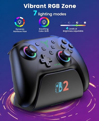 Switch 2 Controller Compatible with Nintendo Switch 2/Switch/OLED/Lite - Hall Effect Joystick & Trigger - 7 Color RGB Wireless Pro Controller with Charging Dock, Macros, Turbo, KeyLinker App - Black - color: Black with Charging Station