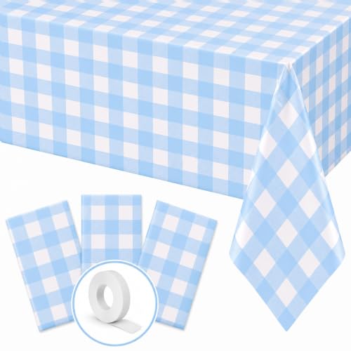 Blue Orchards Light Blue Gingham Table Cover (Pack of 3 with 20 Glue dots) - 54"x108" XL - Light Blue and White Checkered Picnic Tablecloth, Baby Shower Decoration, Outdoor Birthday Party Supplies - color: Light Blue Gingham (Pack of 3)