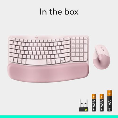 Logitech Wave Keys & Lift Vertical Mouse - Ergonomic Wireless Keyboard and Mouse Combo - with Cushioned Palm Rest, Easy-Switch, Bluetooth, for Multi-OS, Windows/Mac - Rose - color: Rose, style: Right-Handed