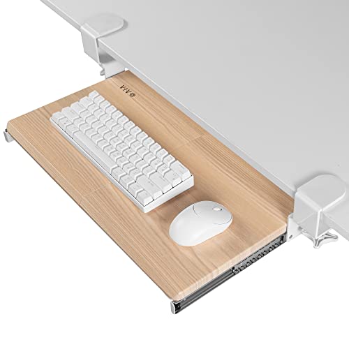 VIVO Small Clamp-on Computer Keyboard and Mouse Under Desk Slider Tray, 20 x 11 inch Pull Out Platform Drawer, Light Wood, MOUNT-KB05ES-A | Keyboard Tray for Typing, Slide Out Platform, Extra Sturdy C-Clamp Mount System, Computer Drawer, White Frame - col