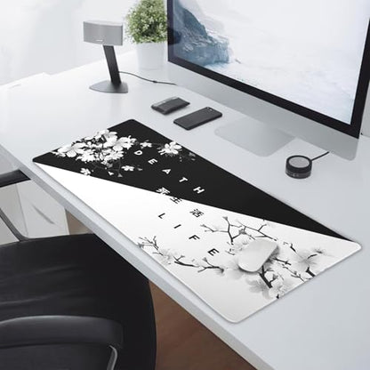 Black White Cherry Blossom Mouse Pad Large Japanese Sakura Death Life Desk Mat 60x35 cm Non-Slip Rubber Base Stitched Edge Large XL Playmat for Gaming Laptop Computer PC Desktop,24x14 Inch - color: Black White, size: 14" x 24"