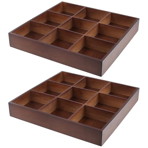 FUNSUEI 2 PCS Multi Compartment Wooden Tray, Divided Wooden Tray, Bamboo Serving Tray with 9 Sections, Wood Divided Snack Tray Storage Box for Appetizers, Jewelry, 12 x 12 x 1.85 Inch - size: 2 PCS 9 Sections