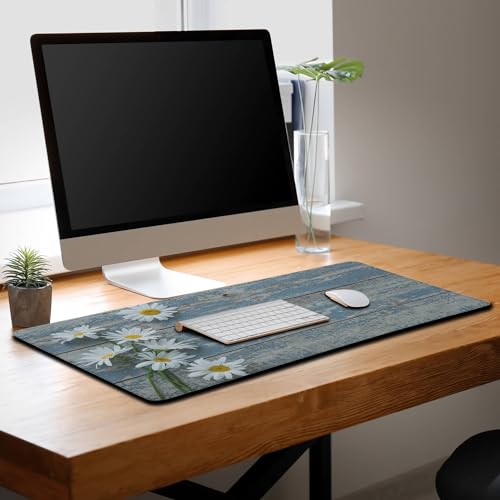 Computer Desk Mat Mouse Pad, Big Non-Slip Rubber Base Mousepad for PC, Work, Game, Office, Home - 35.4 X 15.7 Inch - Daisy Flowers on Old Wooden - color: Old Wooden