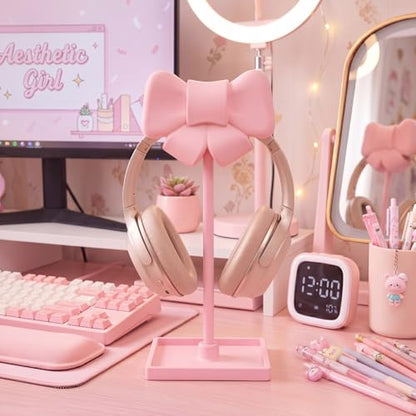Wesiti Pink Bow Headphone Stand Cute Curved Headphone Holder with Storage Tray Pink Coquette Gaming Headset Holder for Desk Space Saving Organizer Desktop for Women All Headset Home Office Setup