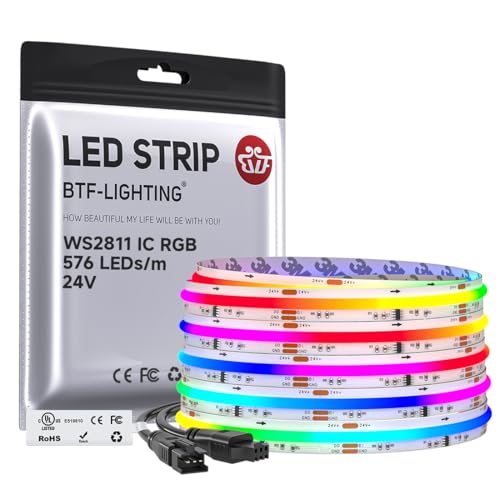 BTF-LIGHTING RGB WS2811 Smart IC FCOB COB LED Strip, UL Listed 576LEDs/m High Density Color Chasing Uniform Light, DC24V 16.4FT 10mm Width Tape Light for Home Party DIY Decor(No Adapter or Controller) - color: DC24V IP30, size: 16.4FT 576LED/m