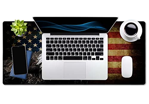 SSOIU Extended Gaming Mouse Pad - Non-Slip Water-Resistant Rubber Base Computer Keyboard Mouse Mat, 35.5x15.7-inch XX-Large Desk Mat, Ideal Partner for Work & Game, American Bald Eagle on Grunge Flag - color: American Bald Eagle