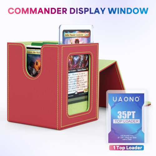 UAONO Card Deck Box for MTG Commander, Fits 100 Double-Sleeved Cards | Independent Commander Display, Magnetic Deck Case for Magic the Gathering TCG, 2 Dividers & 1 Top Loader (Red/Green) - color: A-Red&Lime Green