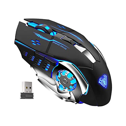 AULA SC100 Silent Wireless Gaming Mouse Rechargeable, with Side Buttons, LED Backlit, DPI Adjustable, 2.4G Wireless Optical Computer Mice Punk Cool Mouse for Games/Work (Black) - color: 2.4G (Black)