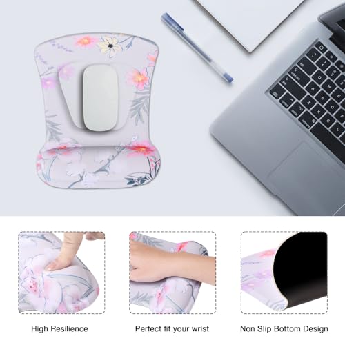 MEGREZ 4-in-1 Mouse Pad with Wrist Rest Ergonomic Memory Foam Desk Mat Set | ergonomic, anti-slip base, 4pcs set, desk pad, mouse wrist rest, keyboard rest, coaster, ideal for office & gaming - color: Pink Flower