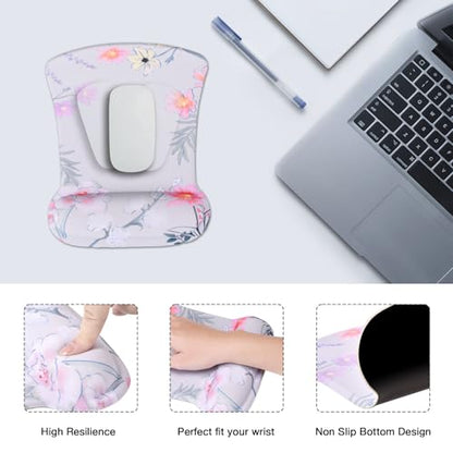 MEGREZ 4-in-1 Mouse Pad with Wrist Rest Ergonomic Memory Foam Desk Mat Set | ergonomic, anti-slip base, 4pcs set, desk pad, mouse wrist rest, keyboard rest, coaster, ideal for office & gaming - color: Pink Flower