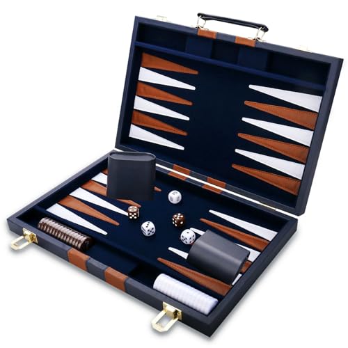 Backgammon Set - Classic Board Game with Premium PU Leather Case - Portable Travel Strategy Backgammon Game Set for Adults, Kids Family Game Night, Vacation & Gifts (11inch Small, Navy) - color: Navy, style: 11inch