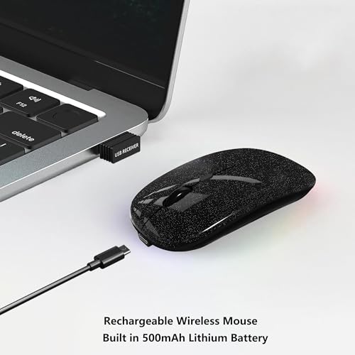 WREANU Wireless Bluetooth Mouse Rechargeable Laptop Mice Silent Slim Use(Bluetooth5.2 and Portable 2.4GHz USB Receiver)Dual Mode Computer Mouse for Laptop/iPad/Tablet/Apple/Computer/Mac(Bright Black) - color: Bright Black