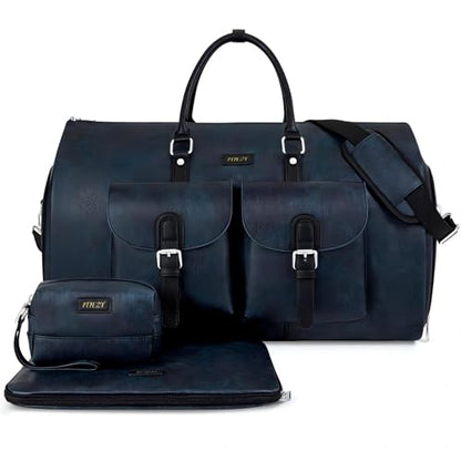 Garment Bag for Travel Convertible Carry on Travel Duffel Bag for Men Women | 3PCS Large Weekender Bag with Waterproof Shoes Pouch 2 in 1 Hanging Clothes Suit Dress Bag Travel Garment Duffel Bag 56L - color: A4-Blue-Faux Leather