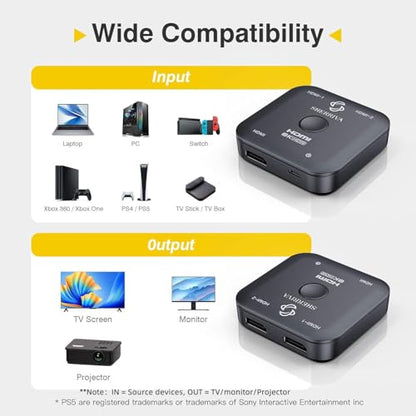 10K 8K HDMI Switch – 2 in 1 Out, Bi-Directional HDMI Switcher | 8K@60Hz, 4K@240Hz, Compatible with PS5, PS4, Xbox, Fire Stick, Apple TV, Projector
