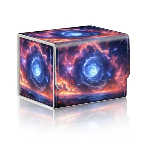 Trading Card Storage Box, Holds 100+ for MTG Cards, PU Leather with Magnetic Closure, Cosmic Vortex with Lightning and Fire Durable Deck Box for Magic the Gathering, Trading Card Games - color: Cosmic Vortex with Lightning and Fire