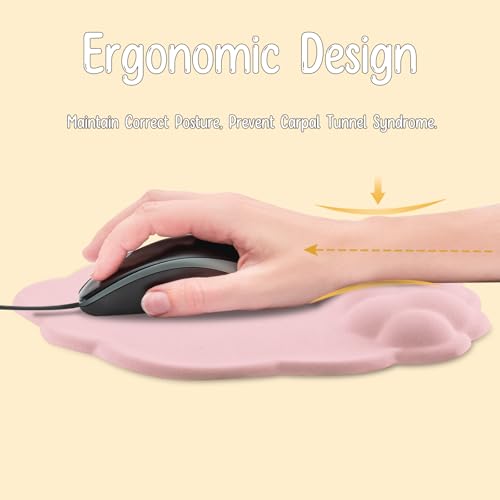 Mouse Pad Wrist Support, Cloud Mousepad with Memory Foam Wrist Rest, Non-Slip PU Base Gaming Leather Surface Mouse Pad for Home Office Laptop, Pink - color: Pink