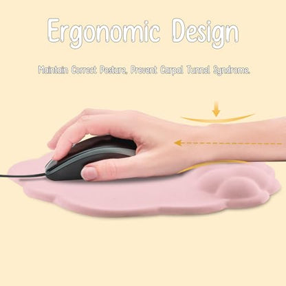 Mouse Pad Wrist Support, Cloud Mousepad with Memory Foam Wrist Rest, Non-Slip PU Base Gaming Leather Surface Mouse Pad for Home Office Laptop, Pink - color: Pink
