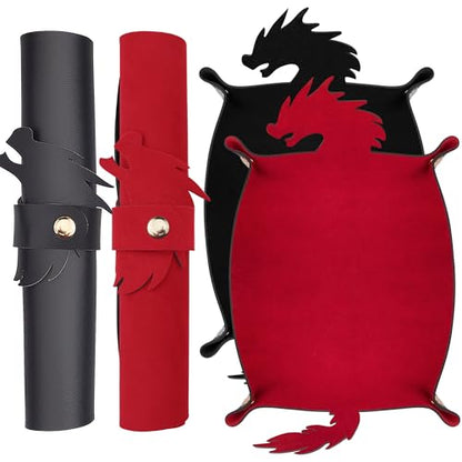 SIQUK 2 Pieces Dragon Dice Rolling Tray PU Leather Dice Mat Folding Scroll Dices Holder for D&D RPG Games (Black, Red) - color: Black, Red
