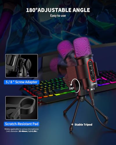 Gaming Microphone, USB Computer Condenser Mic for PC/Laptop/Phone/PS4/5, RGB, Headphone Output, Volume Control,Plug and Play, Mute Button, for Streaming, Podcast, Studio Recording - size: Round Microphone