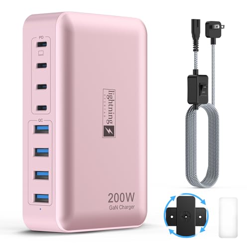 8-Port USB C Fast Charger Block 200W with Flat Plug, Braided Power Cord, and On/Off Switch- USB Charging Hub for iPhone, iPad, MacBook and More- 65W C Port Power Adapter for Laptops - color: Flat Charger 200W PINK