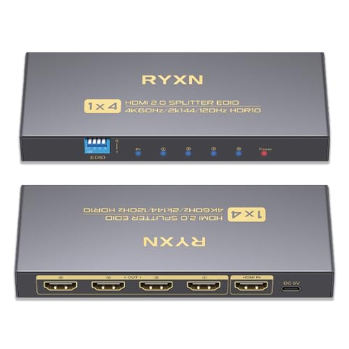 4K HDMI Splitter 1 in 4 Out 60Hz, 1x4 HDMI 2.0 Splitter Supports 4K@60Hz 4:4:4, 2K@144Hz/120Hz, HDCP 2.3, EDID, for PS5/PS4, Xbox, Apple TV, Fire Stick, Blu-ray Player