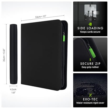 Vault X 12 Pocket Zip Trading Card Binder 480 Cards Exo-Tec (Black) | Holds 480 standard-size TCG cards in 20 side-loading 12-pocket pages. Padded, water-resistant Exo-Tec cover. - color: Black, size: 12 Pocket
