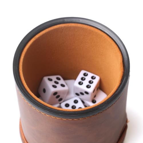 Brown PU Leather Dice Cup Set, Felt Lined Dice Shaker with 6 Dice for Liars Farkle Yahtzee Game - color: Patterned Brown