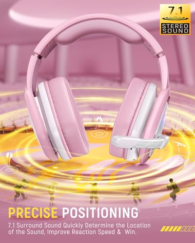 Tatybo Wireless Gaming Headset with Mic, 7.1 Sound 50mm Driver, White Pink | 3-mode 2.4G/BT 5.3/USB-C; 30H battery; low latency for PS5/PS4/PC/Switch/Laptop/Mobile - color: White Pink