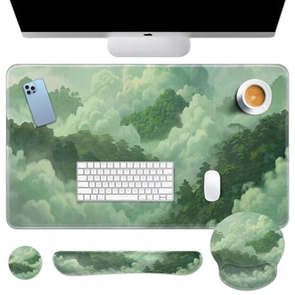 Britimes Green Cloud Keyboard Mouse Pad Set Forest Mountain Aesthetic 4in1 Large Mousepad+Keyboard Wrist Rest+Mouse Wrist Rest+Coaster Ergonomic Design for Home Office Computer 35.4x15.7 inches - color: Cat at the Window