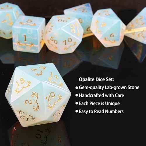 Haxtec Opal Gemstone Dice Polyhedral DND Dice Set with Premium Dice Case Compatible with Dungeons and Dragons Role Playing Board Games D&D Gift - color: White Gold- Opal Grass