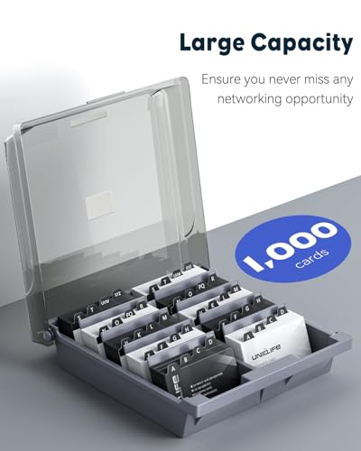 Uniclife Business Card Organizer with Lid & Dividers, 1000-Card Capacity | Desktop business card holder and name card storage box with A-Z index tabs for neat sorting, quick viewing and easy access - size: Large
