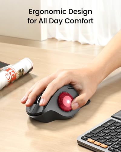 ProtoArc EM01 NL Wireless Trackball Mouse, Rechargeable Thumb Control, Red | 0/20° Adjustable Angle to Reduce Fatigue, Triple-Device Bluetooth & 2.4G USB-A for Office Use, Silent Click, Easy to Clean - color: Red Ball