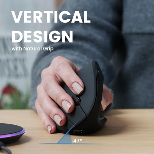 Perixx PERIMICE-713RX Wireless Rechargeable Vertical Mouse - Duo Wired and Wireless Charging Feature - Charging Pad Included - 6 Buttons Design - Black - Right-Handed Design - style: Wireless Rechargeable with Charging Pad