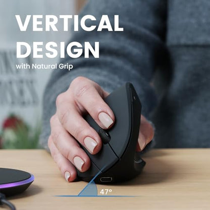 Perixx PERIMICE-713RX Wireless Rechargeable Vertical Mouse - Duo Wired and Wireless Charging Feature - Charging Pad Included - 6 Buttons Design - Black - Right-Handed Design - style: Wireless Rechargeable with Charging Pad