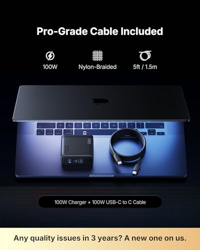 INIU 100W GaN USB C Charger, 3-Port Compact Fast Charging Block with 5ft 100W USB C Cable, Foldable Travel Laptop Charger for MacBook Pro Air 15 14, iPhone 17 16 Pro Max Samsung S26 S25 Dell etc Black - color: Black