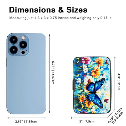Credit Card Holder Small RFID Blocking Wallet Business Metal Slim Mini Aluminum Hard Case for Women Men - color: Blue Butterfly Daisies