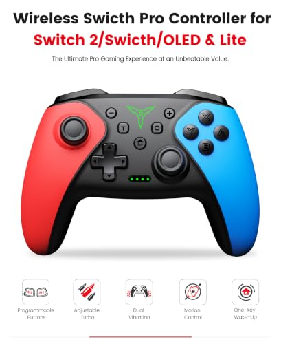 Switch Controller 2-Pack, Wireless Pro Controller for Switch2/Switch/Lite/OLED, Bluetooth Gamepad with Programmable Back Buttons, Turbo, Vibration, Gyro, Compatible with iOS/Android/PC, Includes 2 Stands - color: Red & Blue-2 pack