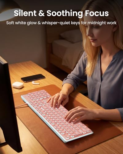 SEUNKWANG Wired Backlit Keyboard with Pudding Keycaps, Quiet Full Size Computer Keyboard White Backlight Easy-to-Read, Never Fade, Metal Panel, USB Cute Desk Setup for Windows PC Desktop, Pink - color: Pink